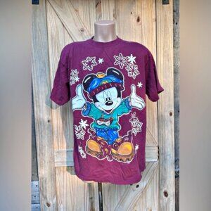 Vintage 90s Mickey Mouse Unlimited Burgundy Ski Snow Winter Hip Hop T-Shirt~XL~